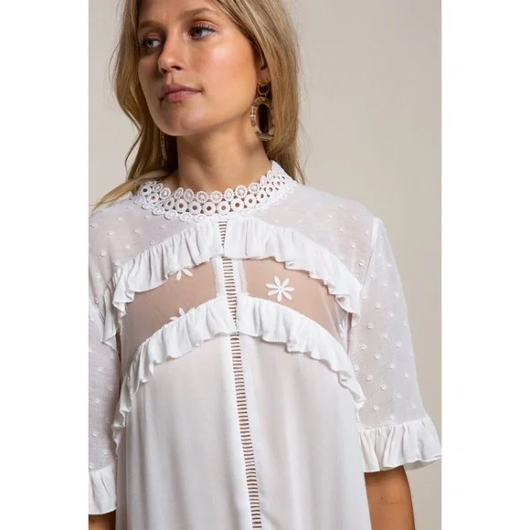 POL Ivory Ethereal Swiss Dot Mock Neck Lace Inset Mini Dress - Picture 4 of 7